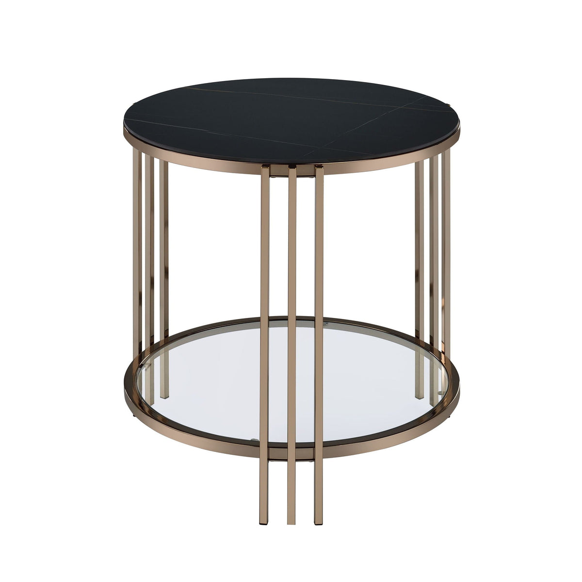 Abisha round coffee table with black sintered stone top, lower mirrored shelf HouseOfZazla on Tampa Home & Garden Store