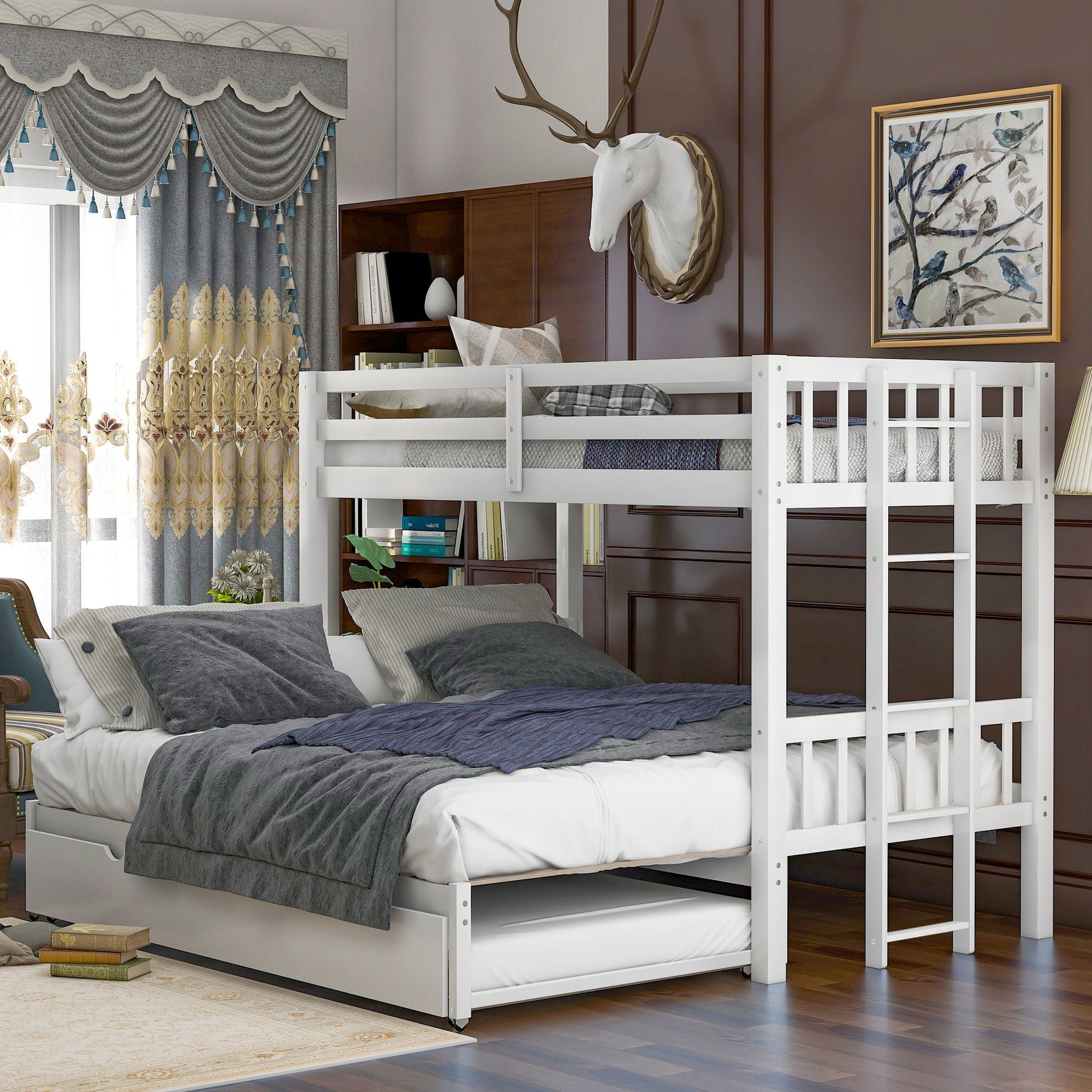 Smooth Mobility Bunk Bed With Trundle white wooden bunk bed with ladder and under-bed trundle on Tampa Home & Garden Store