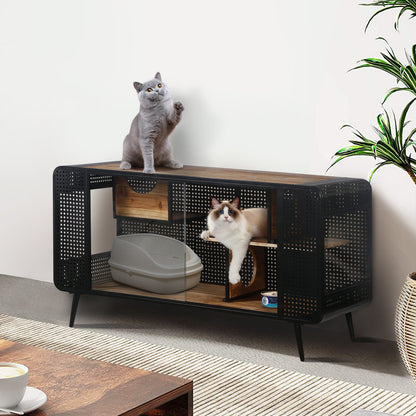 Modern Spacious Cat House Black + Brown; black metal frame wood shelves 2 cats on Tampa Home & Garden Store