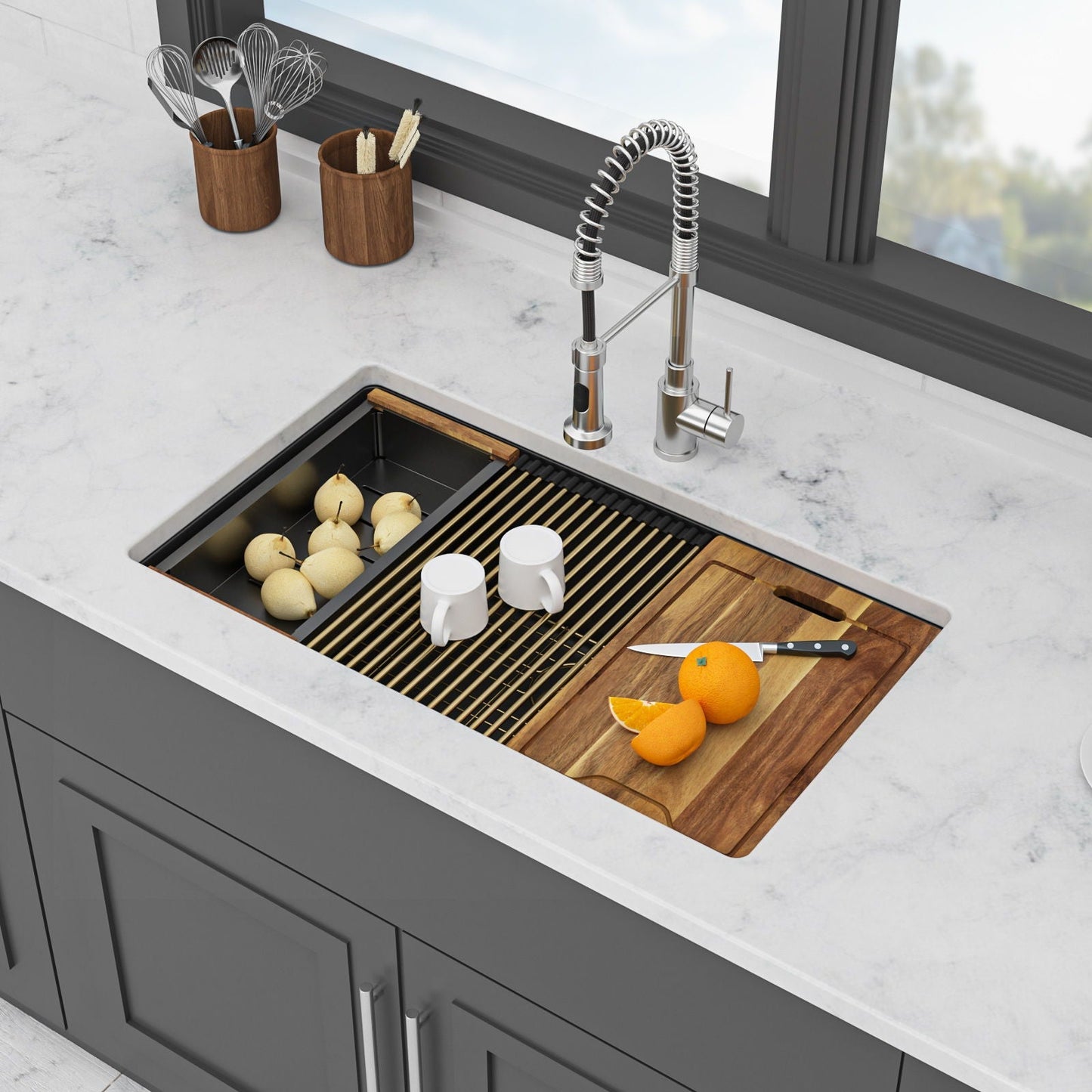 Quartz composite undermount kitchen sink single bowl workstation with spring faucet on Tampa Home & Garden Store