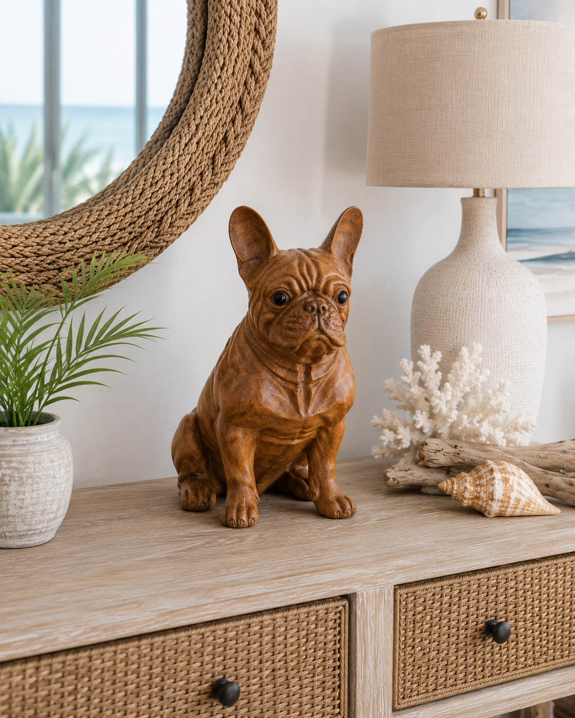 Hand Carved French Bulldog figurine, large brown wood finish, The Broward Design Center on Tampa Home & Garden Store