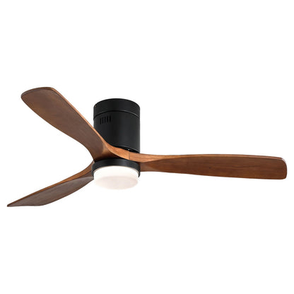 Indoor ceiling fan with lights by HouseOfZazla, black motor housing and three brown wood blades, remote on Tampa Home & Garden Store