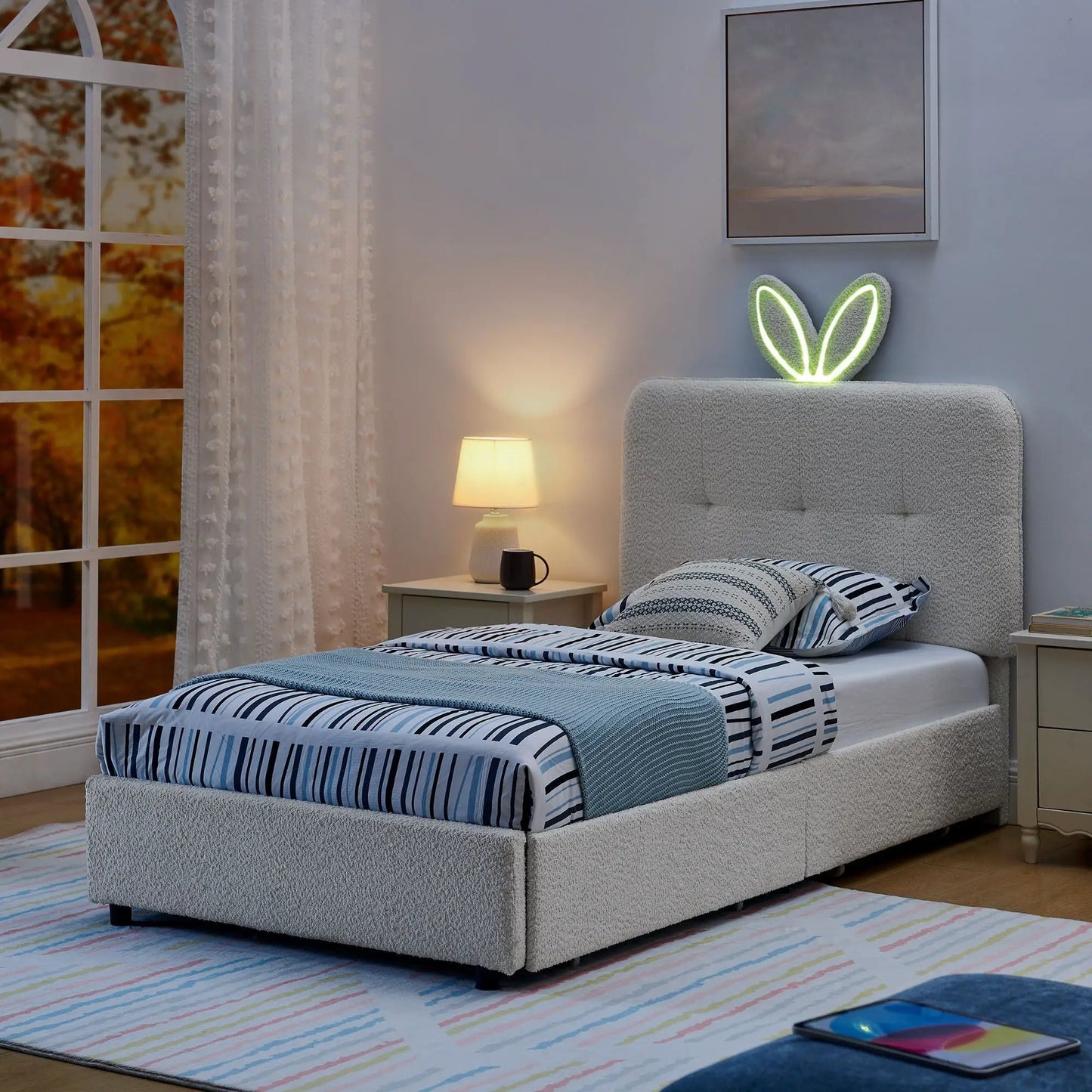 Upholstered Bed with Rabbit Ear Headboard and LED