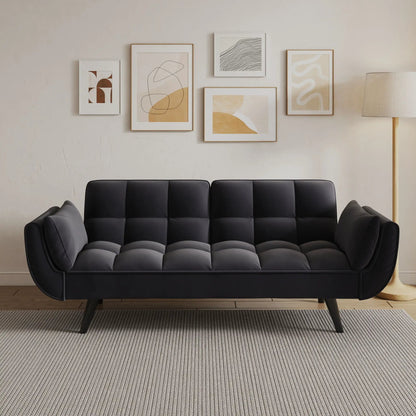 Futon sofa with black tufted cushions and two armrests, gray pillows, ideal for small apartments on Tampa Home & Garden Store