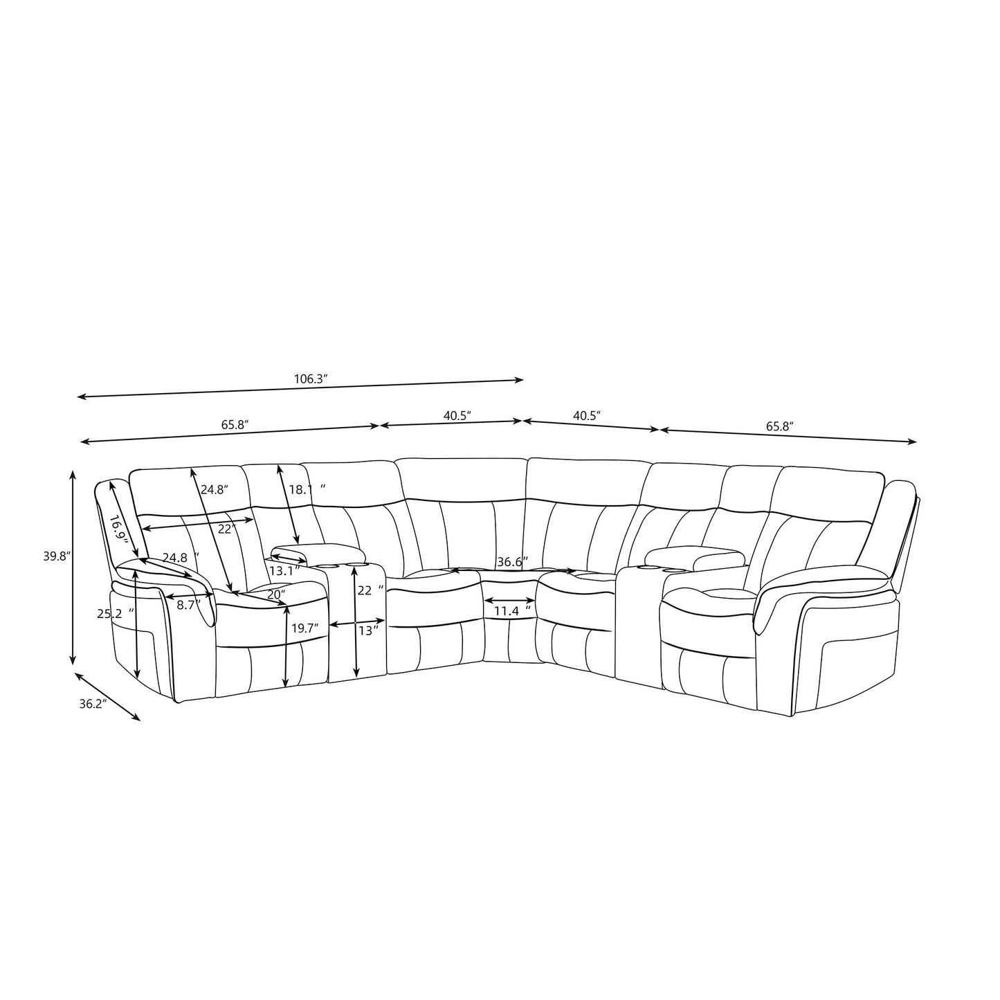 Jupiter Leather Sectional reclining chaise by HouseOfZazla in black; diagram with measurements on Tampa Home & Garden Store