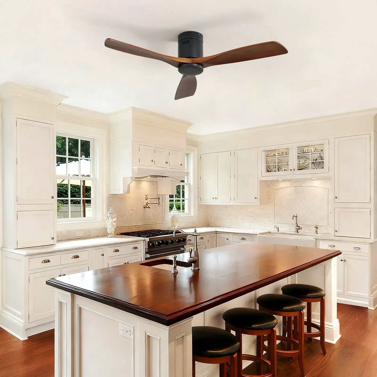 Low-profile DC ceiling fan with 3 wood blades and remote control over island on Tampa Home & Garden Store