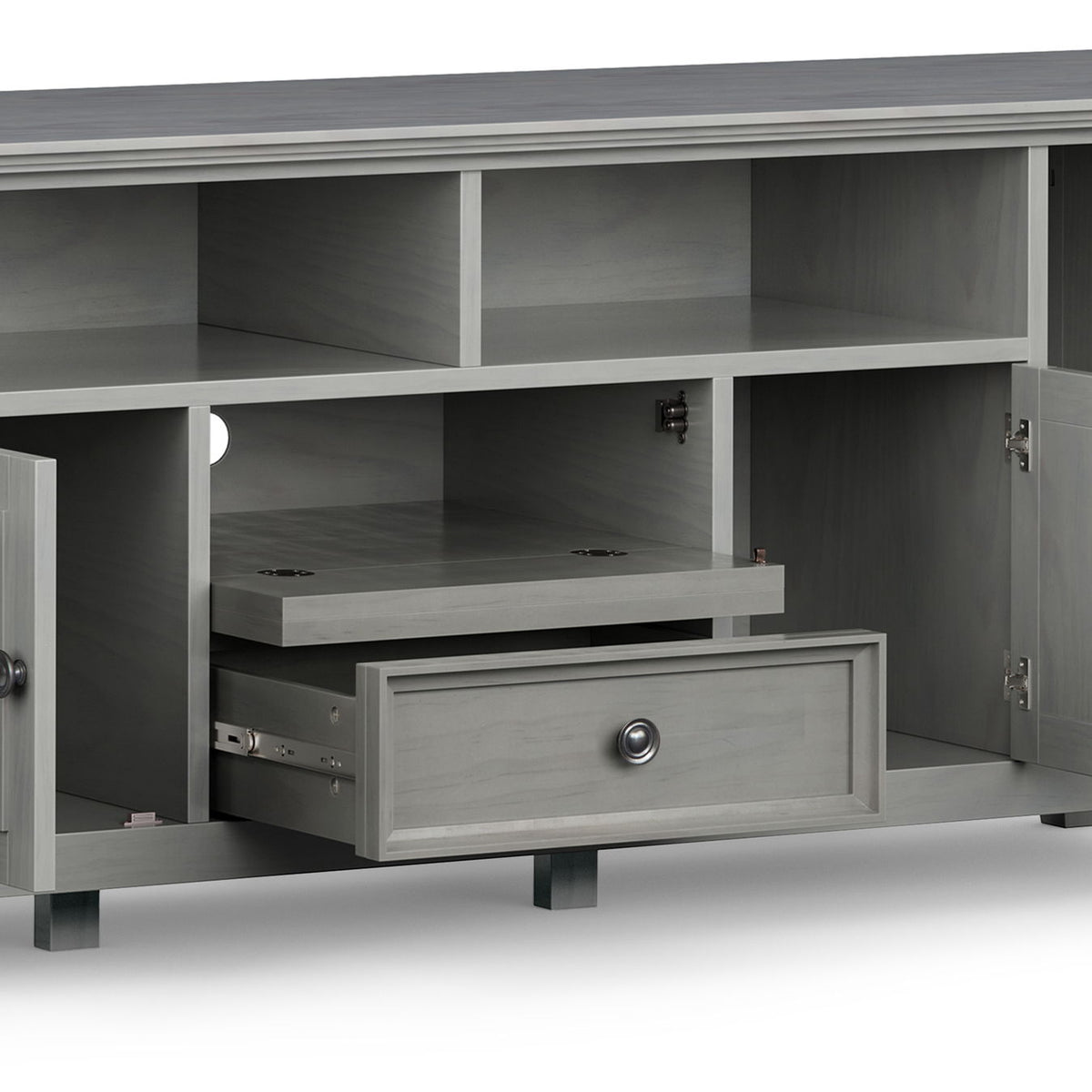 Wide TV Stand HouseOfZazla solid wood gray finish with open shelves and a pull-out drawer on Tampa Home & Garden Store