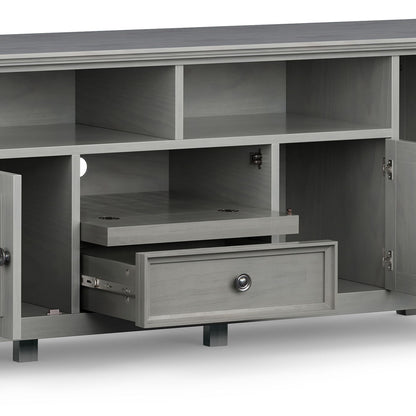 Wide TV Stand HouseOfZazla solid wood gray finish with open shelves and a pull-out drawer on Tampa Home & Garden Store