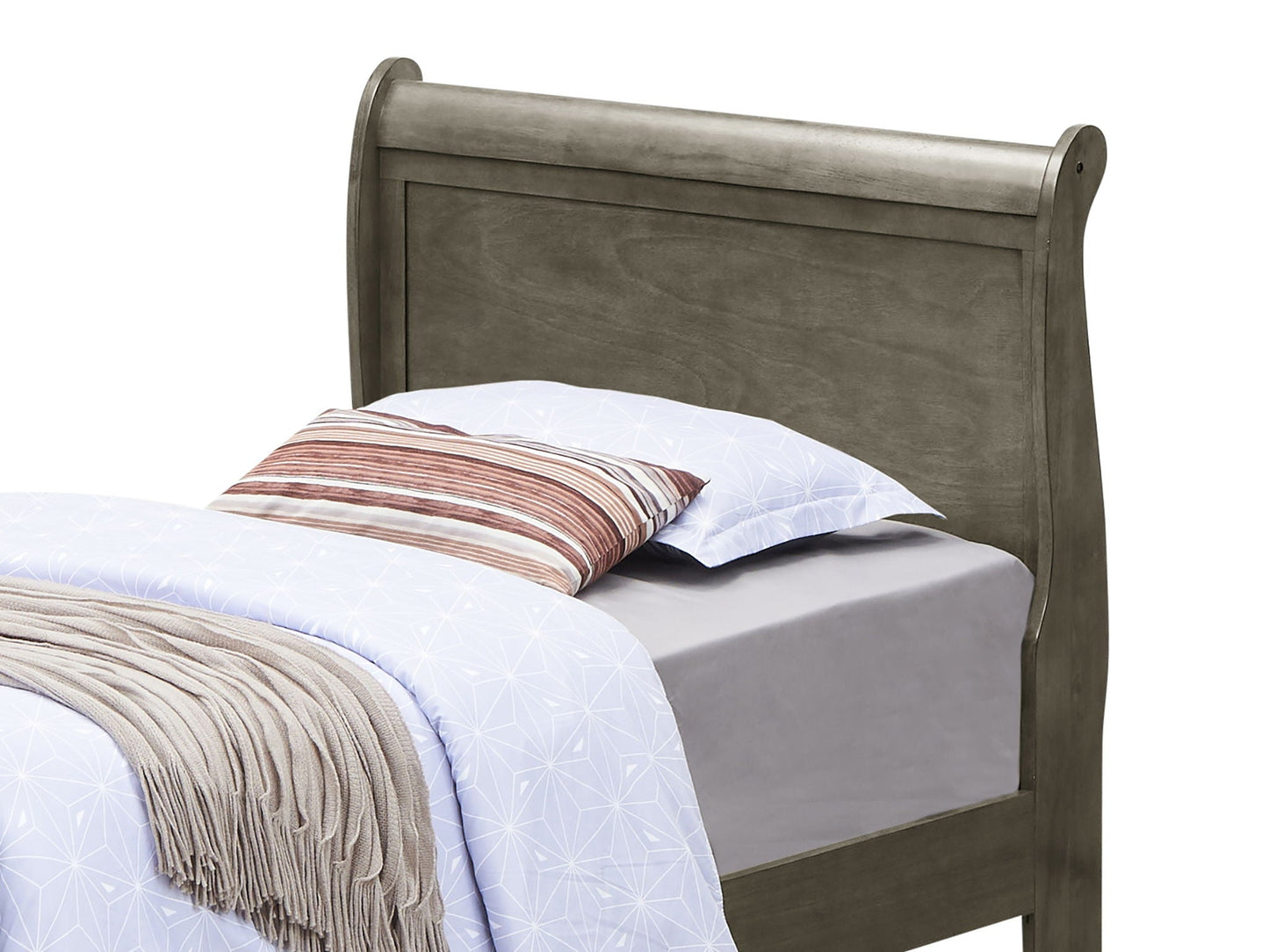 Panel Sleigh Bed in gray wood finish with light blue geometric bedding and beige knit throw on Tampa Home & Garden Store