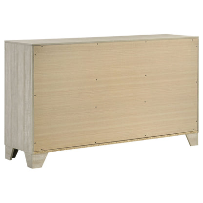 Strout 4 Piece Queen Bedroom Set dresser in rustic light wood with gray panels and angled legs on Tampa Home & Garden Store