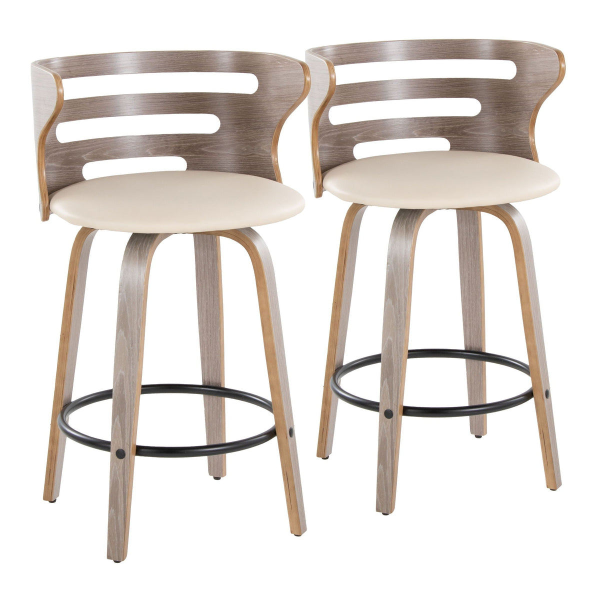 Mid Century Modern barstool set HouseOfZazla swivel beige seats with gray-washed wood backs on Tampa Home & Garden Store
