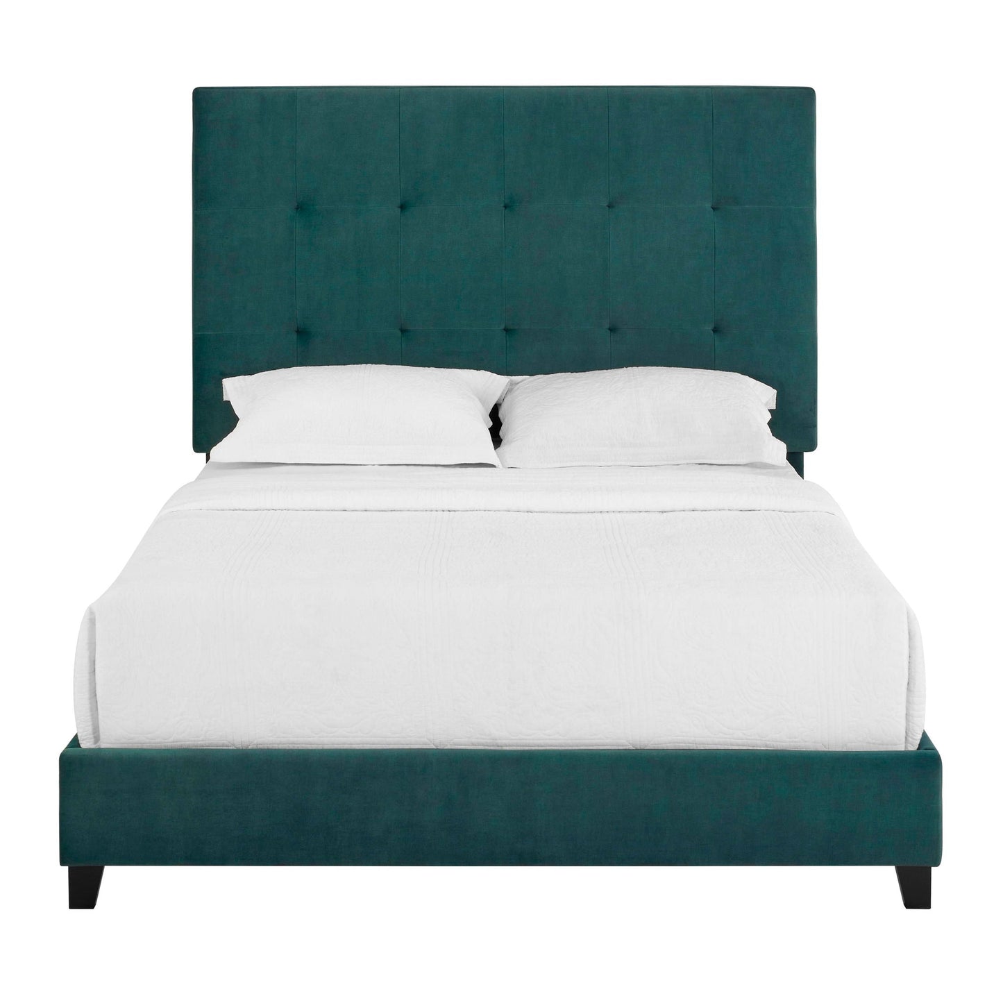 Tufted teal upholstered headboard platform bed with square tufting and white bedding on legs on Tampa Home & Garden Store