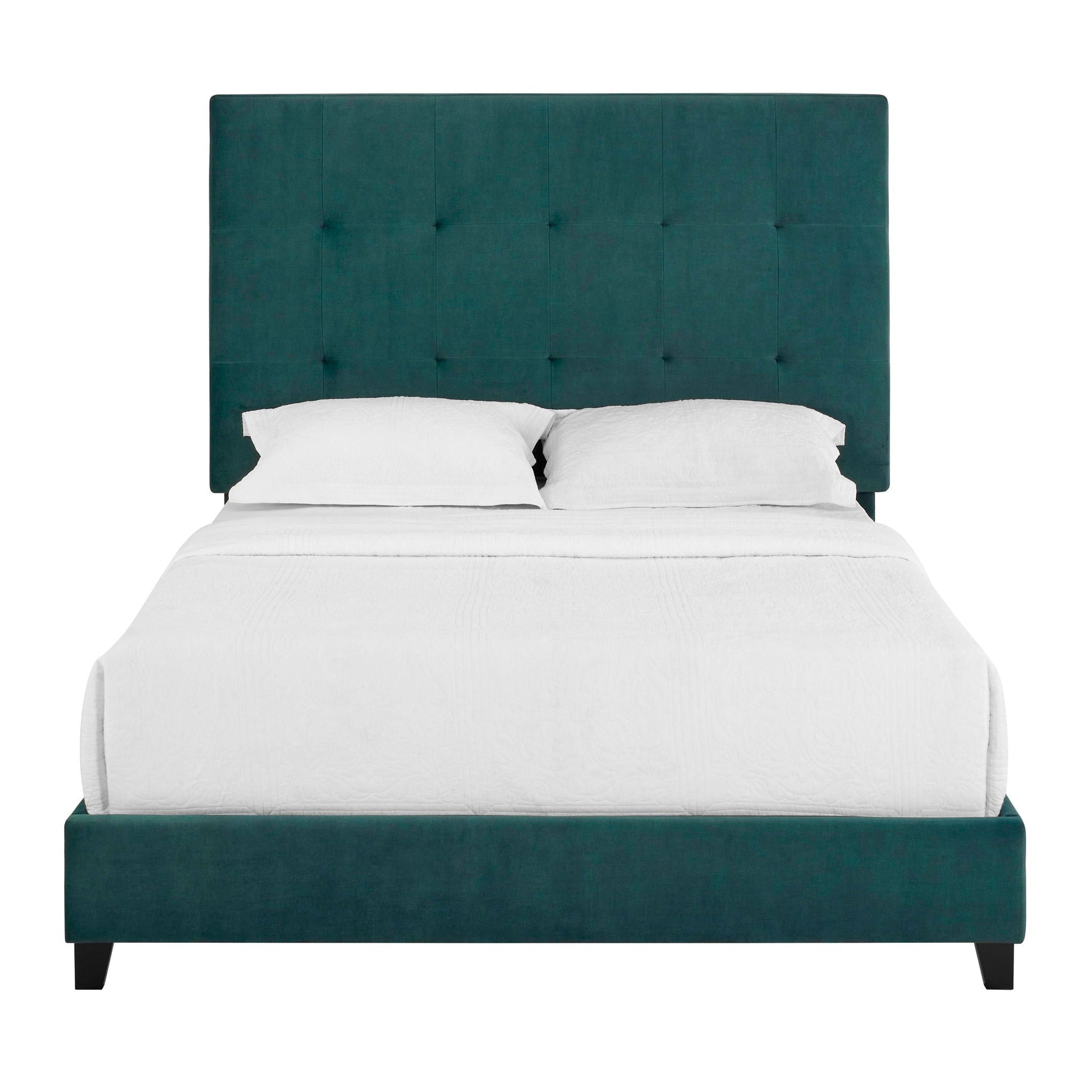 Tufted teal upholstered headboard platform bed with square tufting and white bedding on legs on Tampa Home & Garden Store