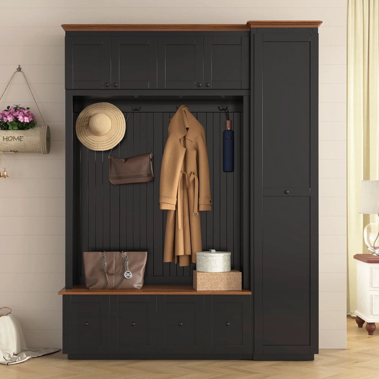 Entryway hall tree with storage bench, dark charcoal, wood top by Unique Piece Furniture on Tampa Home & Garden Store
