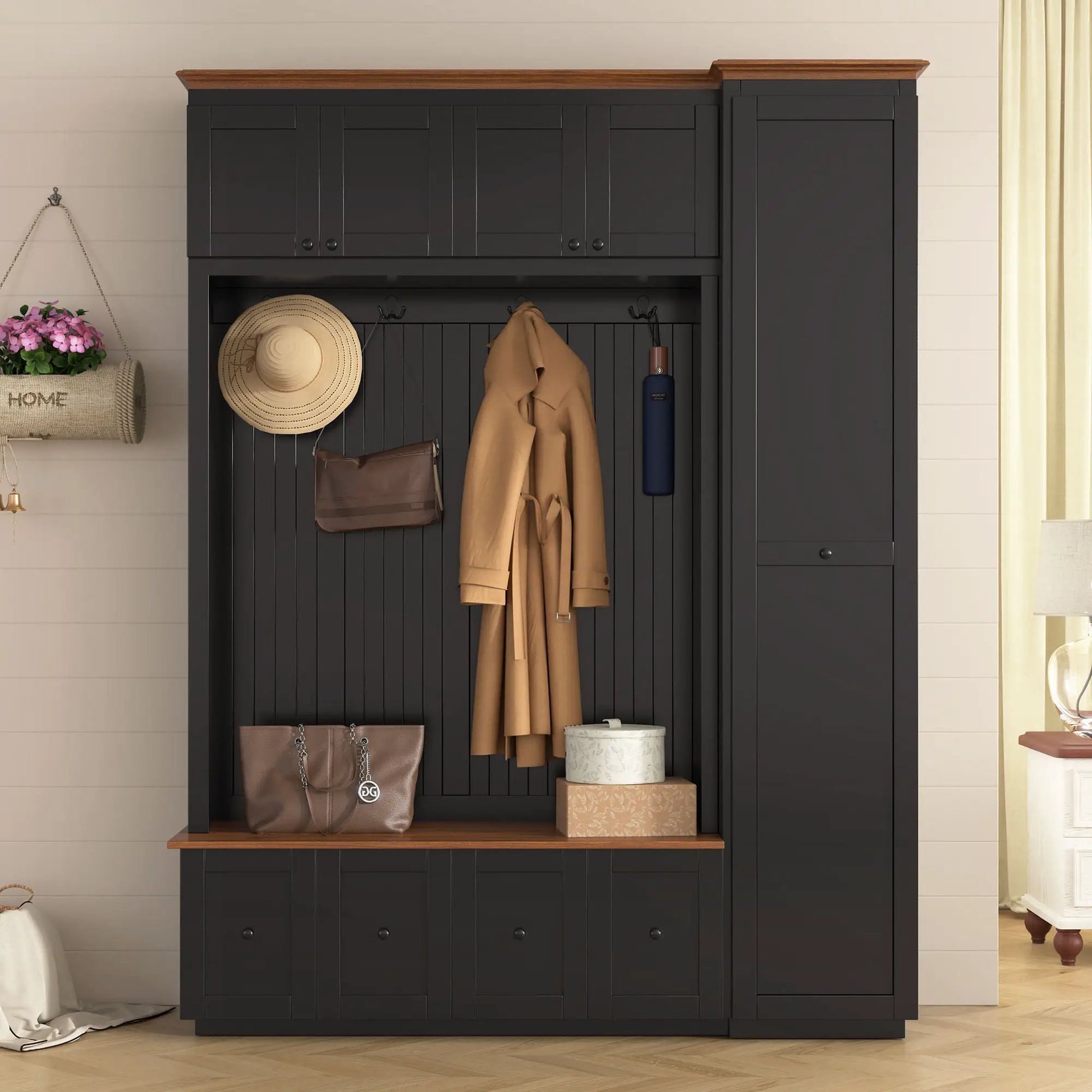 Entryway hall tree with storage bench, dark charcoal, wood top by Unique Piece Furniture on Tampa Home & Garden Store