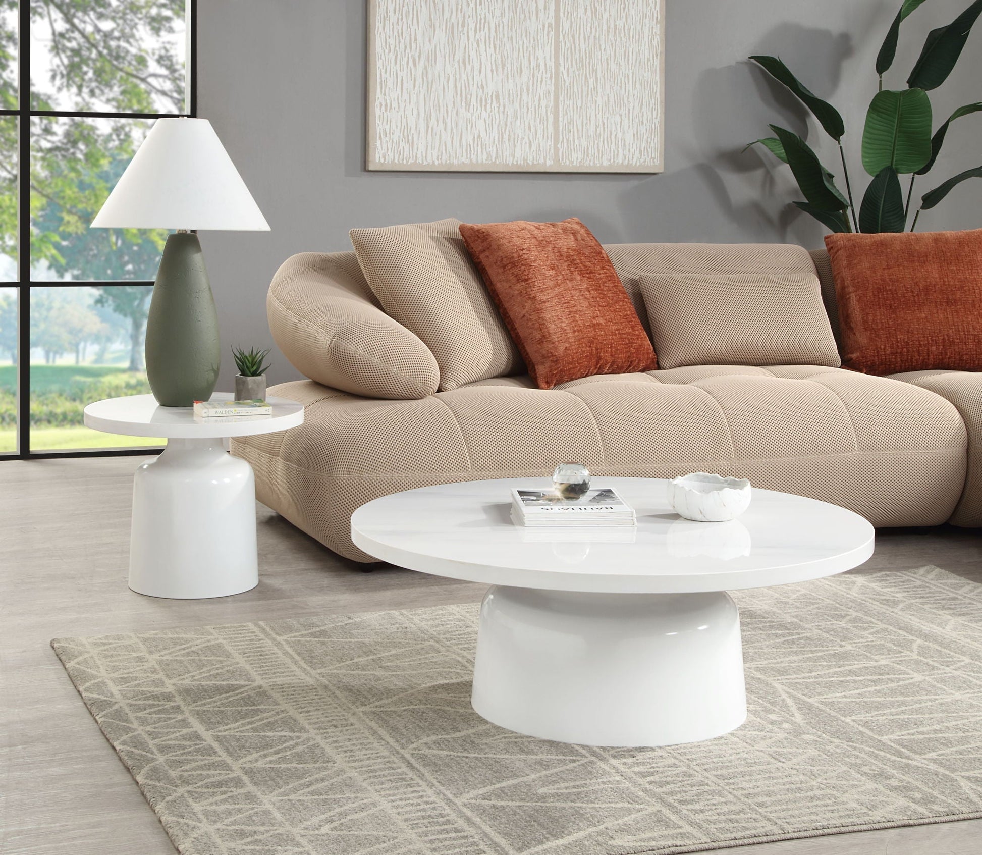 Zaid Engineering Marble High Gloss Coffee Tables white round tops in a modern living room on Tampa Home & Garden Store