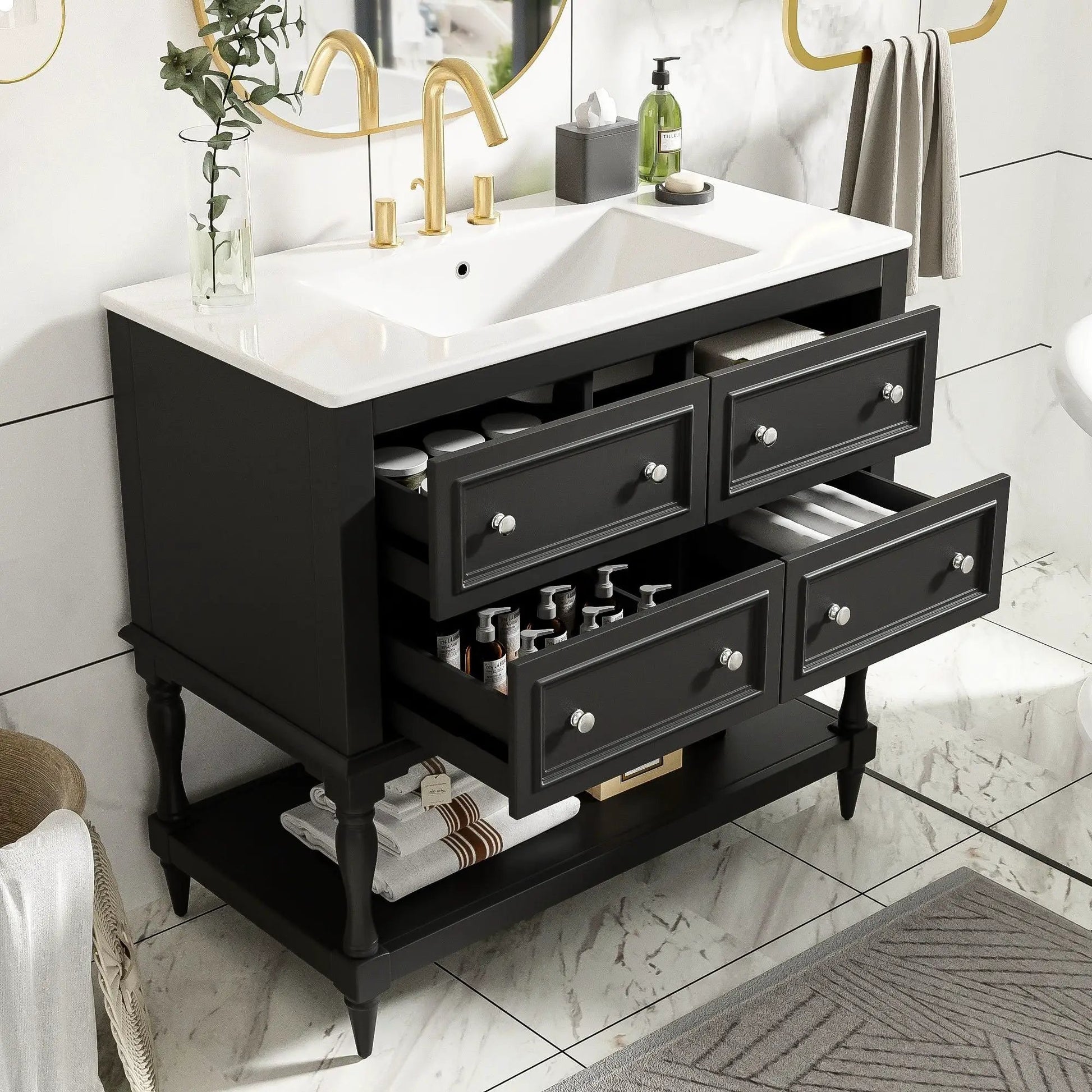 Bathroom vanity cabinet with undermount sink, black finish, gold faucet, 4-drawer set on Tampa Home & Garden Store