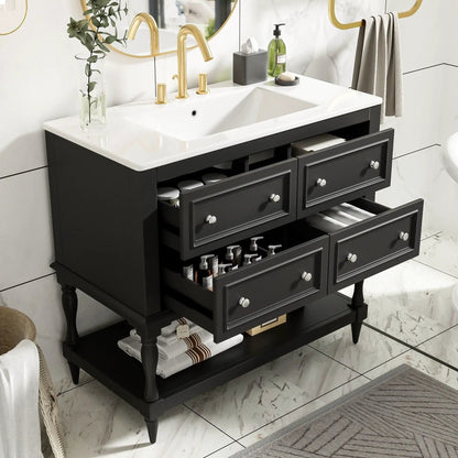 Bathroom vanity cabinet with undermount sink, black finish, gold faucet, 4-drawer set on Tampa Home & Garden Store