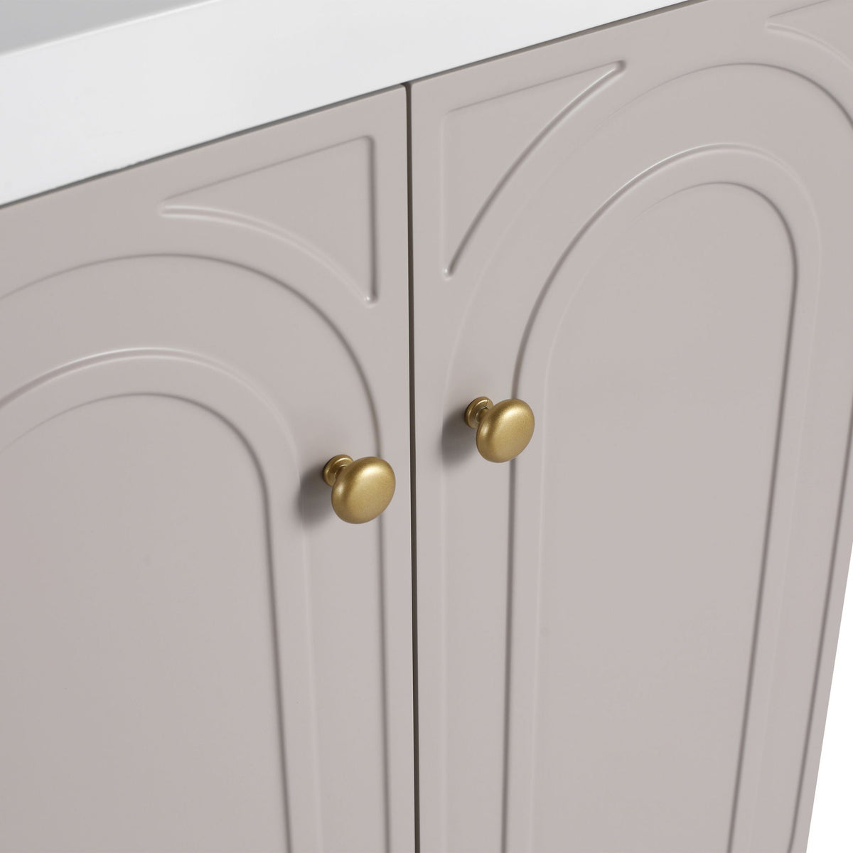 Freestanding bathroom vanity with soft-close doors, taupe gray finish, two brass knobs on Tampa Home & Garden Store