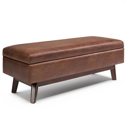 Owen Upholstered Rectangular Storage Ottoman in warm brown leather with wooden legs on Tampa Home & Garden Store