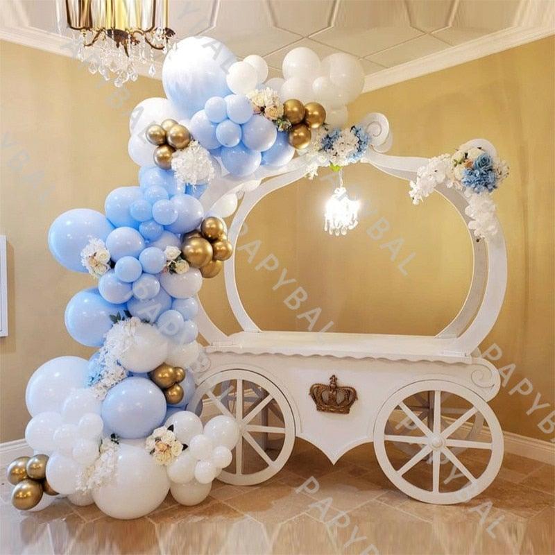 96Pcs latex blue gold confetti & metallic balloons garland around white cart ST22BL4356FE on Tampa Home & Garden Store