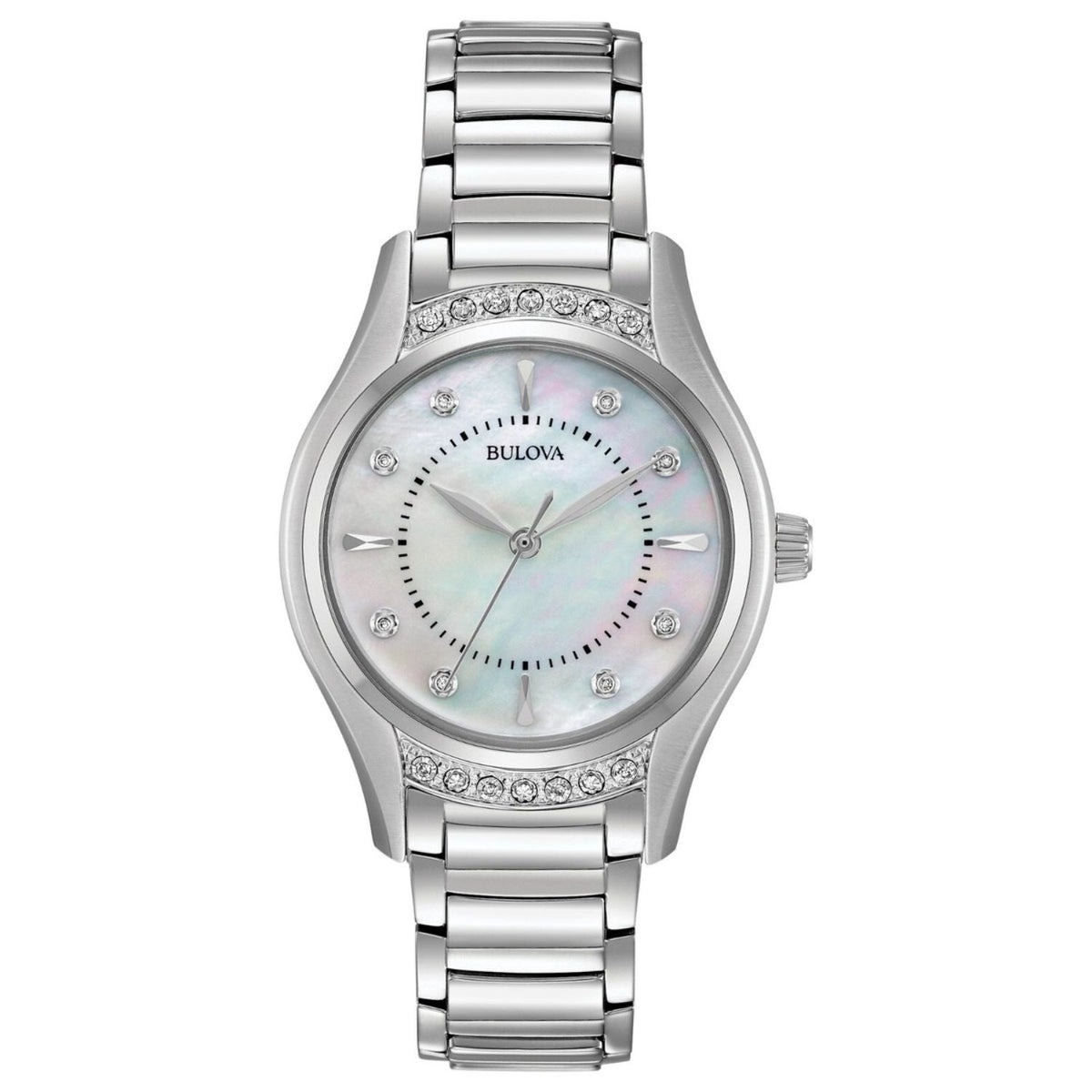 Bulova women's classic stainless steel watch with crystal bezel and mother-of-pearl dial on Tampa Home & Garden Store