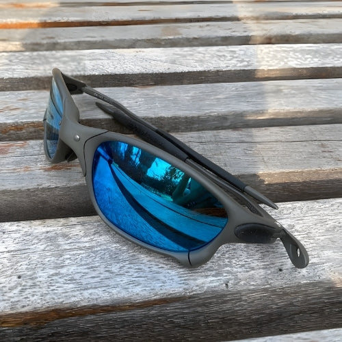 OutdoorPro Polarized Sport Sunglasses by BikerZoneZ, gray frame with blue mirrored lenses on Tampa Home & Garden Store