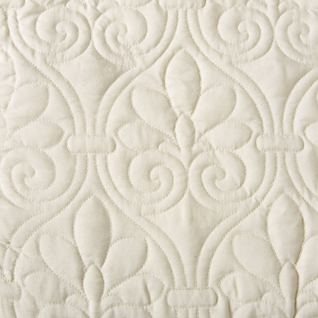 3 Piece Split Corner Pleated Quilted Bedspread, cream with scrolling floral quilted pattern on Tampa Home & Garden Store
