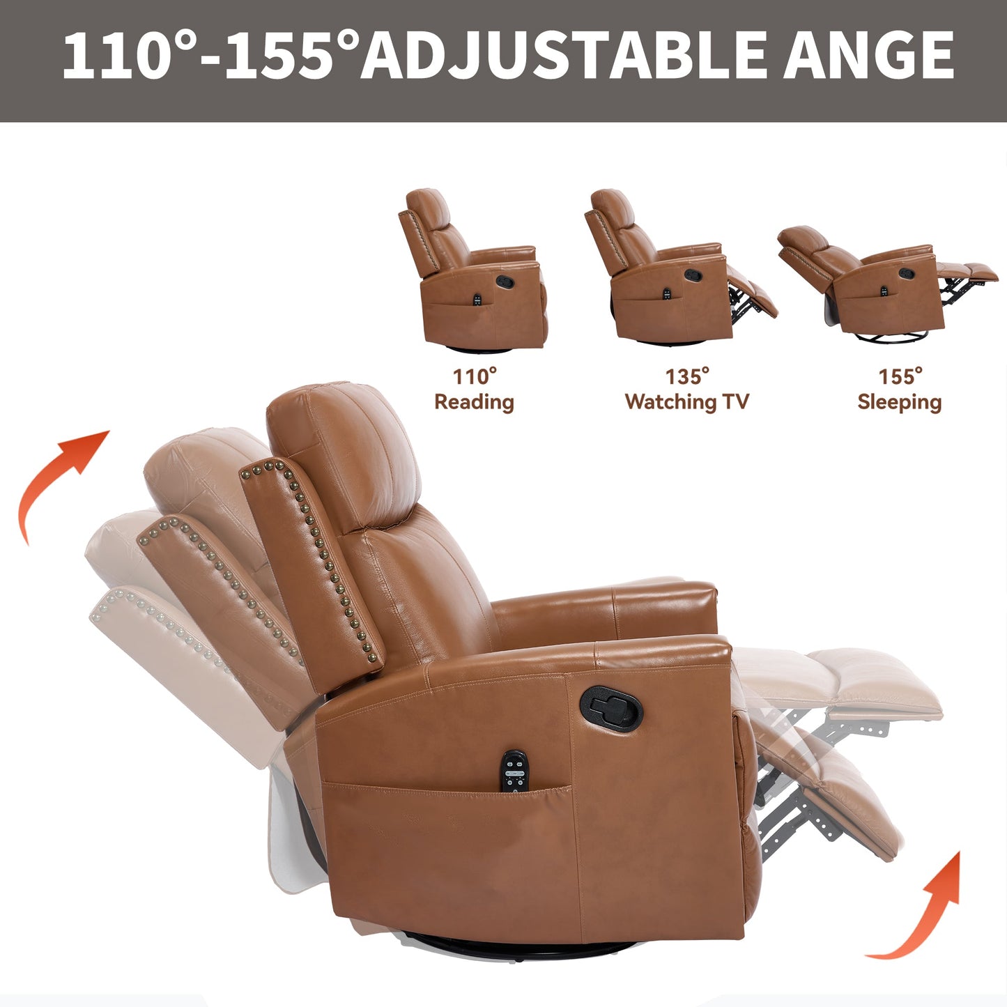 Deep Swivel Recliner and Massage Chair, 3 brown leather units, 110–155° angle, HouseOfZazla on Tampa Home & Garden Store