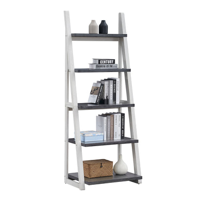 5-Tier Ladder Shelf with rubber wood frame in grey and white HouseOfZazla bookcase on Tampa Home & Garden Store