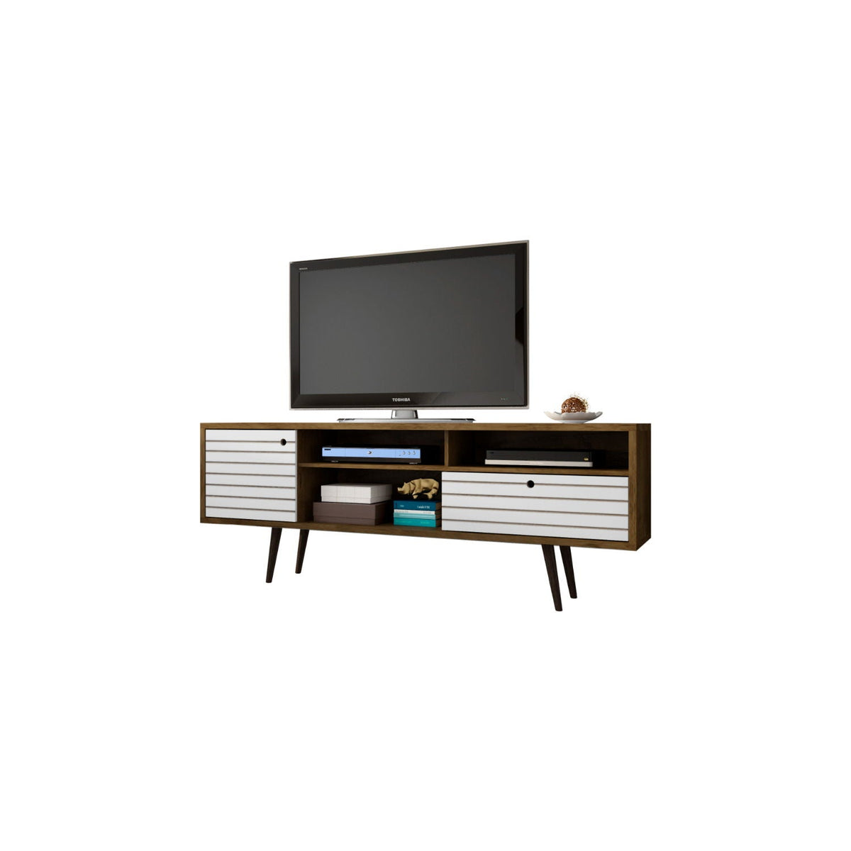 TV stand with wire management and storage, walnut finish, white slatted drawers, midcentury legs on Tampa Home & Garden Store