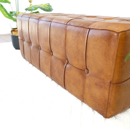 Tan genuine leather upholstered bench with tufted cushions and wood frame by HouseOfZazla on Tampa Home & Garden Store