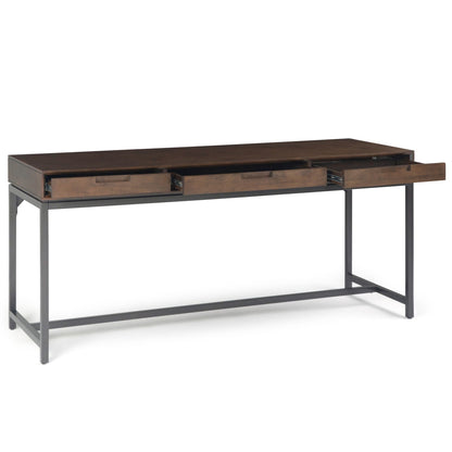 Mid Century Wide Writing Desk with Three Drawers in dark wood finish and black metal frame on Tampa Home & Garden Store