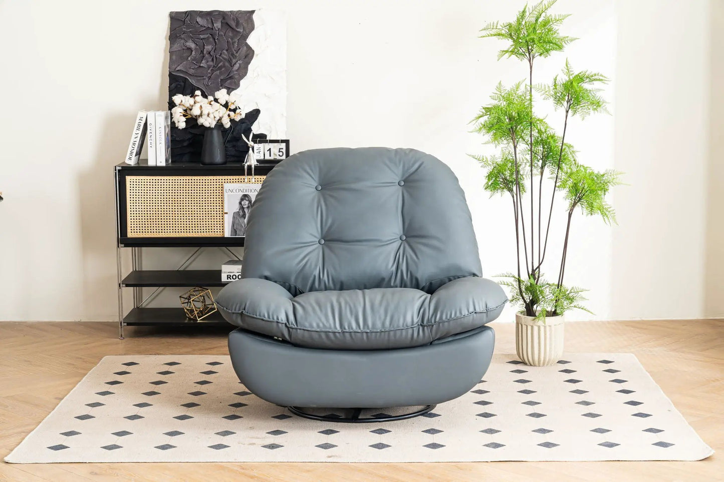 Power Recliner Swivel Glider Chair with USB charger in gray-blue faux leather, living room setup on Tampa Home & Garden Store