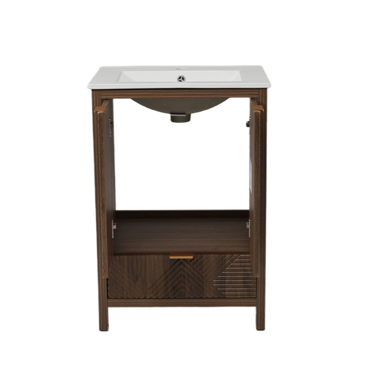 Vanity with white sink top on dark brown wood frame, compact storage on Tampa Home & Garden Store
