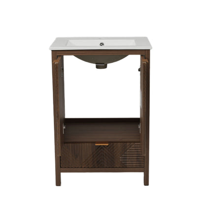 Vanity with white sink top on dark brown wood frame, compact storage on Tampa Home & Garden Store
