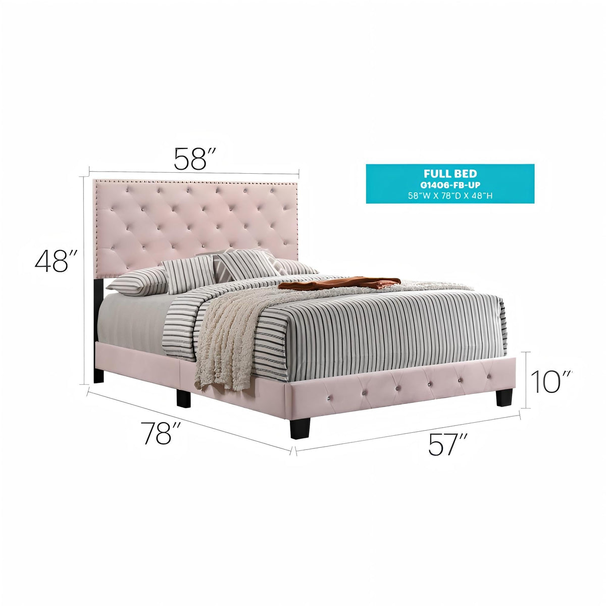 Luxurious blush-pink upholstered bed with tufted headboard by HouseOfZazla 58W x 78D x 48H on Tampa Home & Garden Store