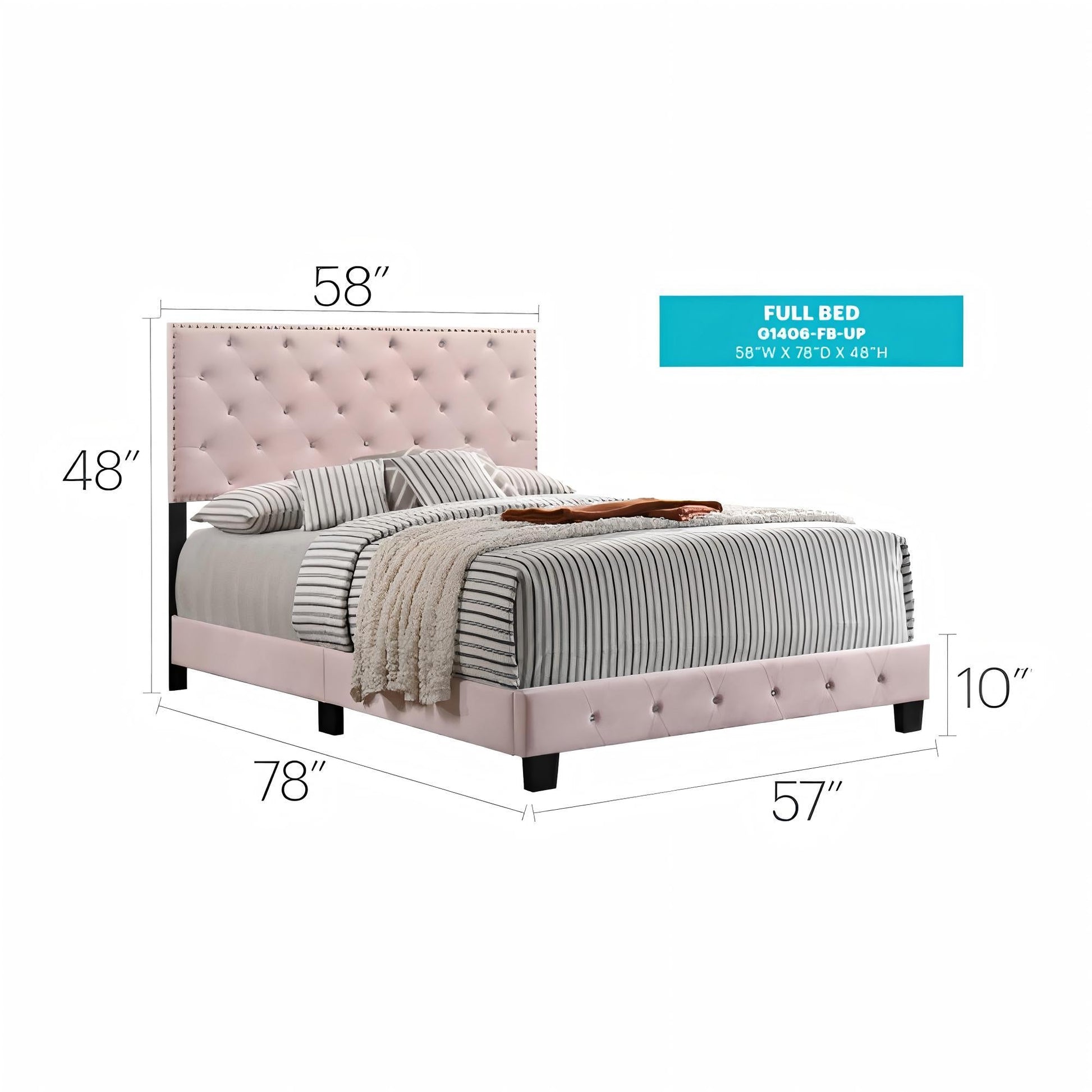 Luxurious blush-pink upholstered bed with tufted headboard by HouseOfZazla 58W x 78D x 48H on Tampa Home & Garden Store