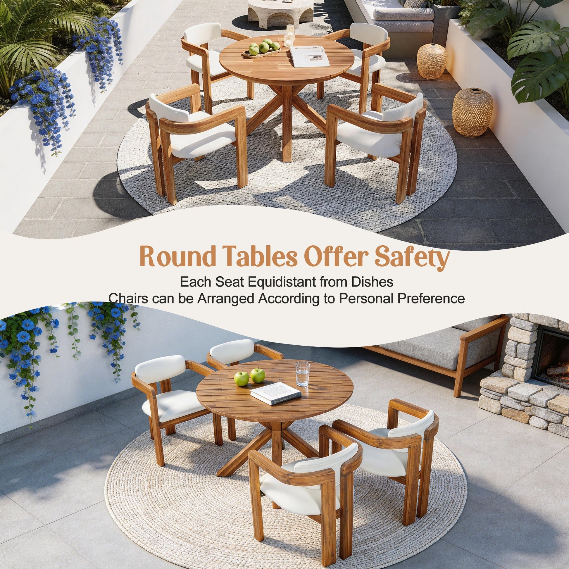 5-Piece Acacia Wood Round Dining Set by HouseOfZazla, round table with white cushions on Tampa Home & Garden Store