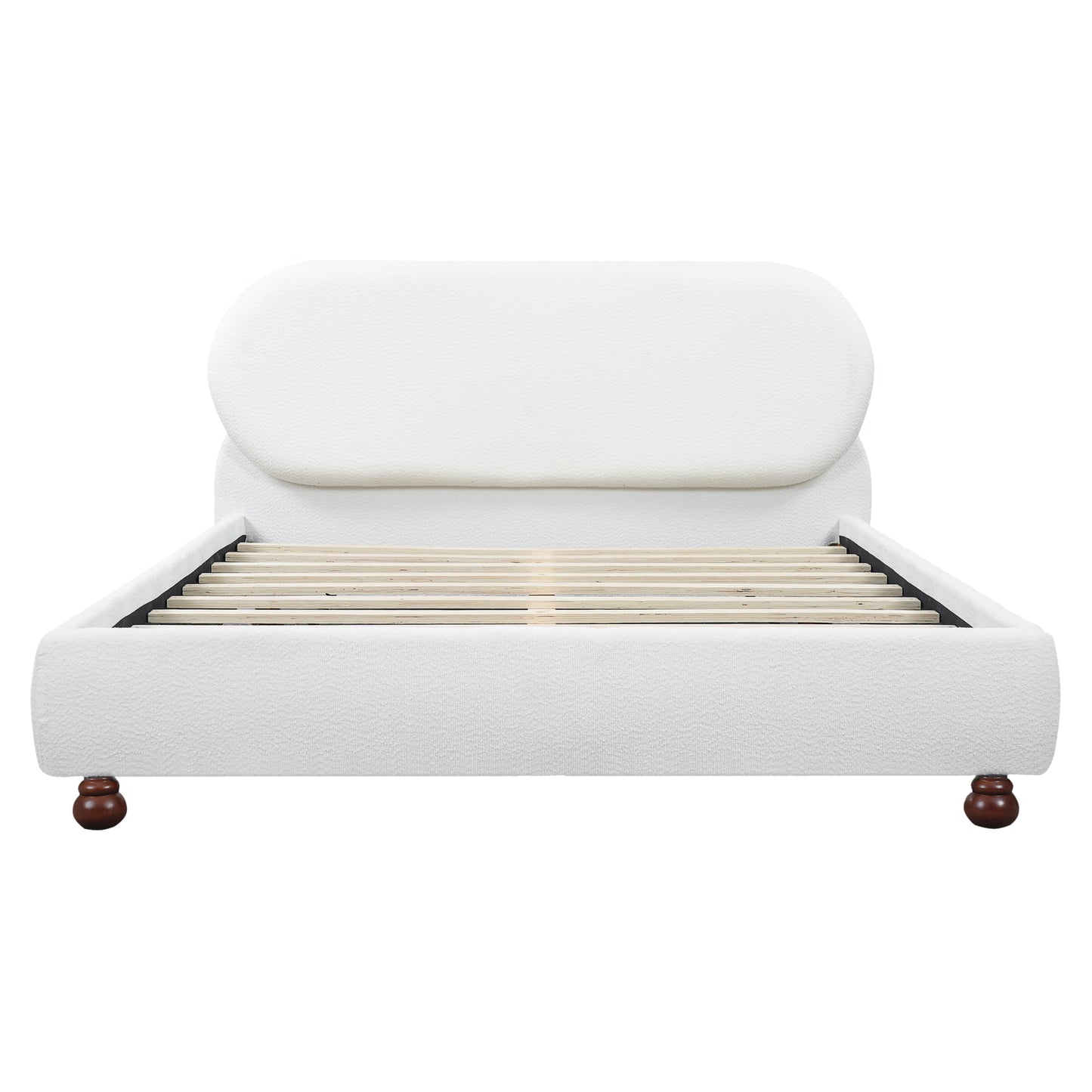 Cream-colored boucle upholstered bed with rubber wood feet, queen size on Tampa Home & Garden Store
