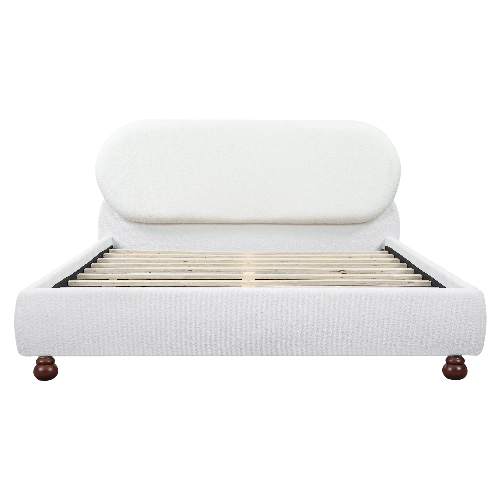 Cream-colored boucle upholstered bed with rubber wood feet, queen size on Tampa Home & Garden Store