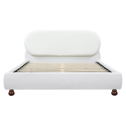 Cream-colored boucle upholstered bed with rubber wood feet, queen size on Tampa Home & Garden Store