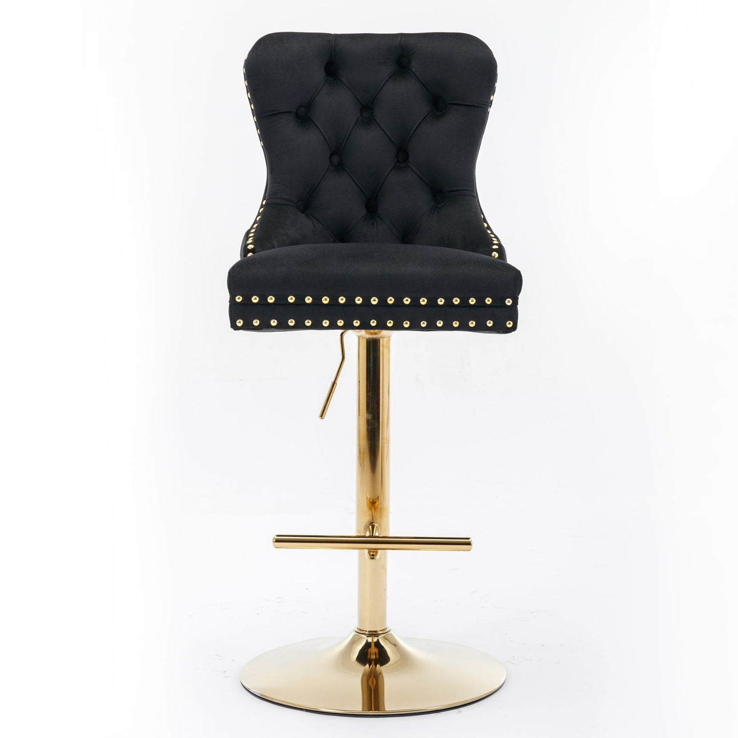 Black tufted swivel barstool with gold stud trim and gold pedestal base by HouseOfZazla on Tampa Home & Garden Store