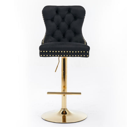 Black tufted swivel barstool with gold stud trim and gold pedestal base by HouseOfZazla on Tampa Home & Garden Store