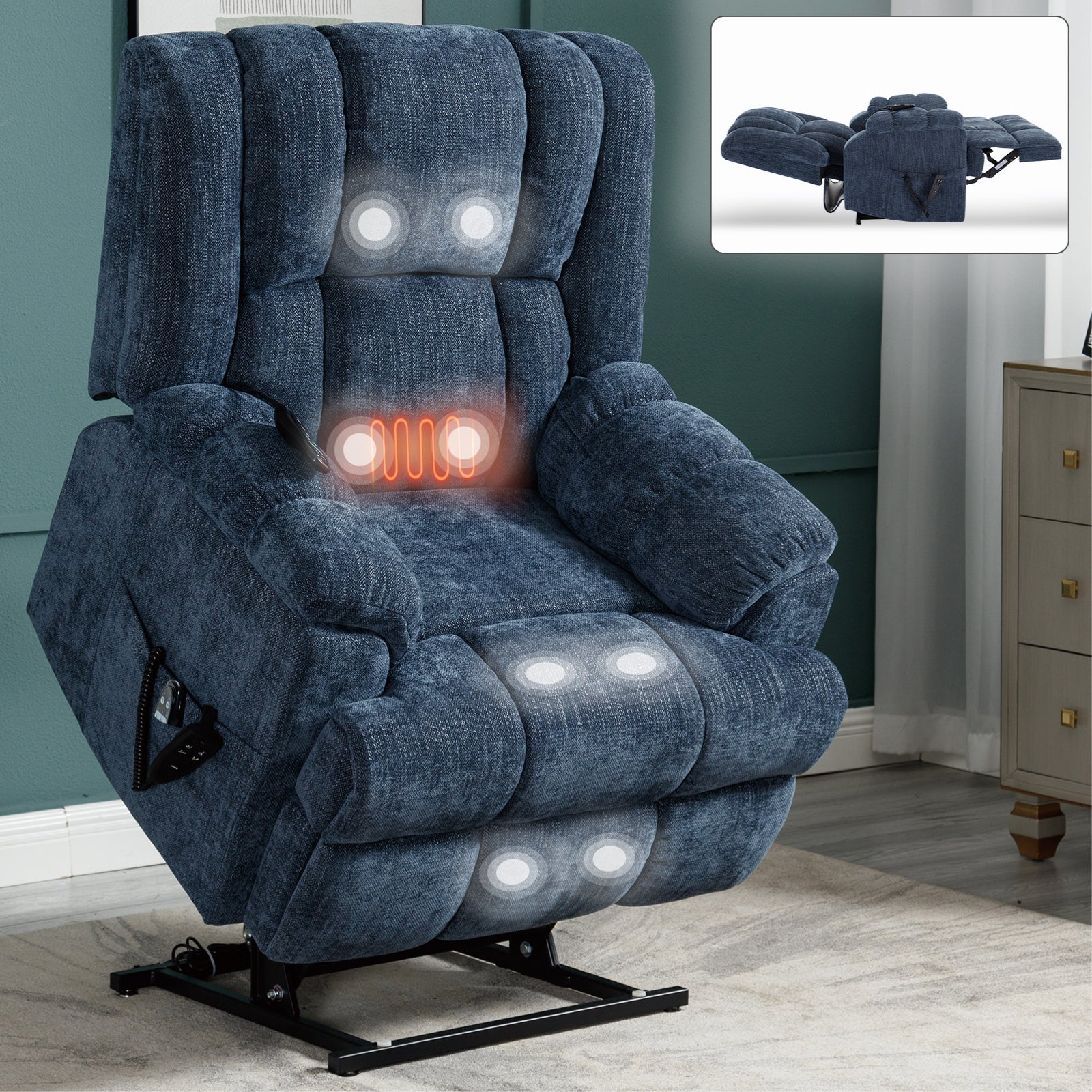 Dual motor heat massage power lift recliner blue denim HouseOfZazla on Tampa Home & Garden Store