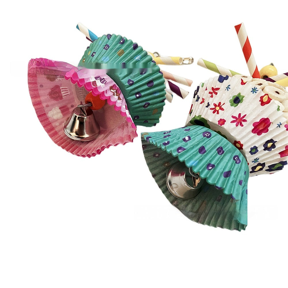 Parrot toy edible soft ball shredding chew toy with 2 colorful paper spirals and bells on Tampa Home & Garden Store