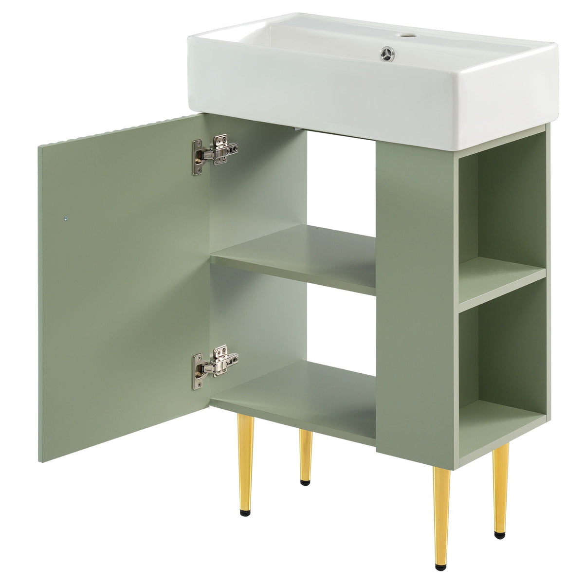 Bathroom vanity with ceramic sink on green cabinet with shelf and gold legs HouseOfZazla on Tampa Home & Garden Store