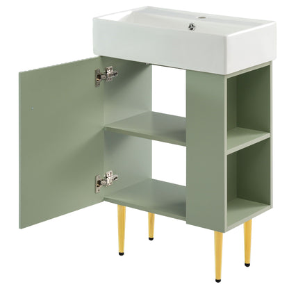 Bathroom vanity with ceramic sink on green cabinet with shelf and gold legs HouseOfZazla on Tampa Home & Garden Store