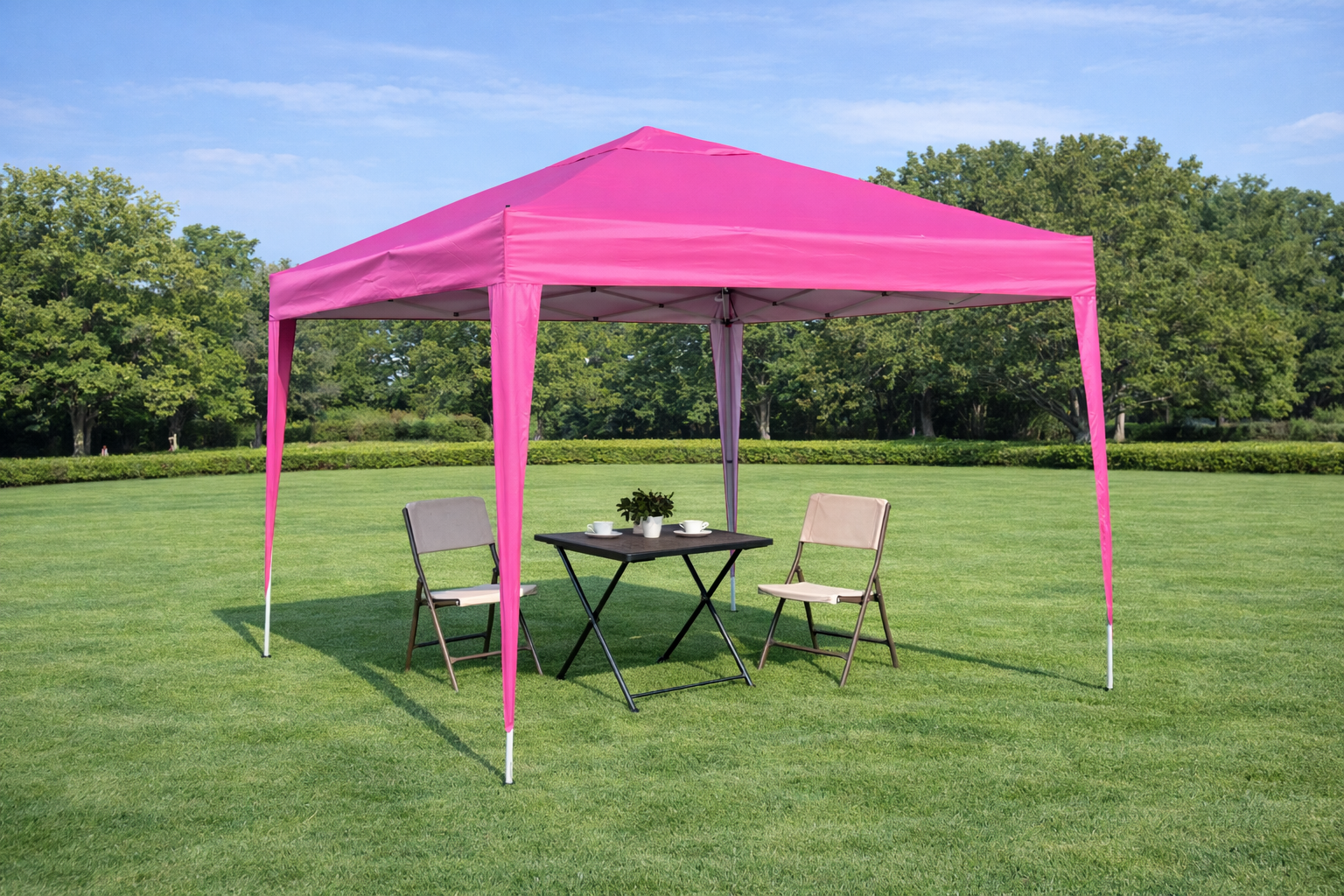 HouseOfZazla 10x10ft pop-up gazebo canopy tent pink with a table and 2 beige chairs on Tampa Home & Garden Store