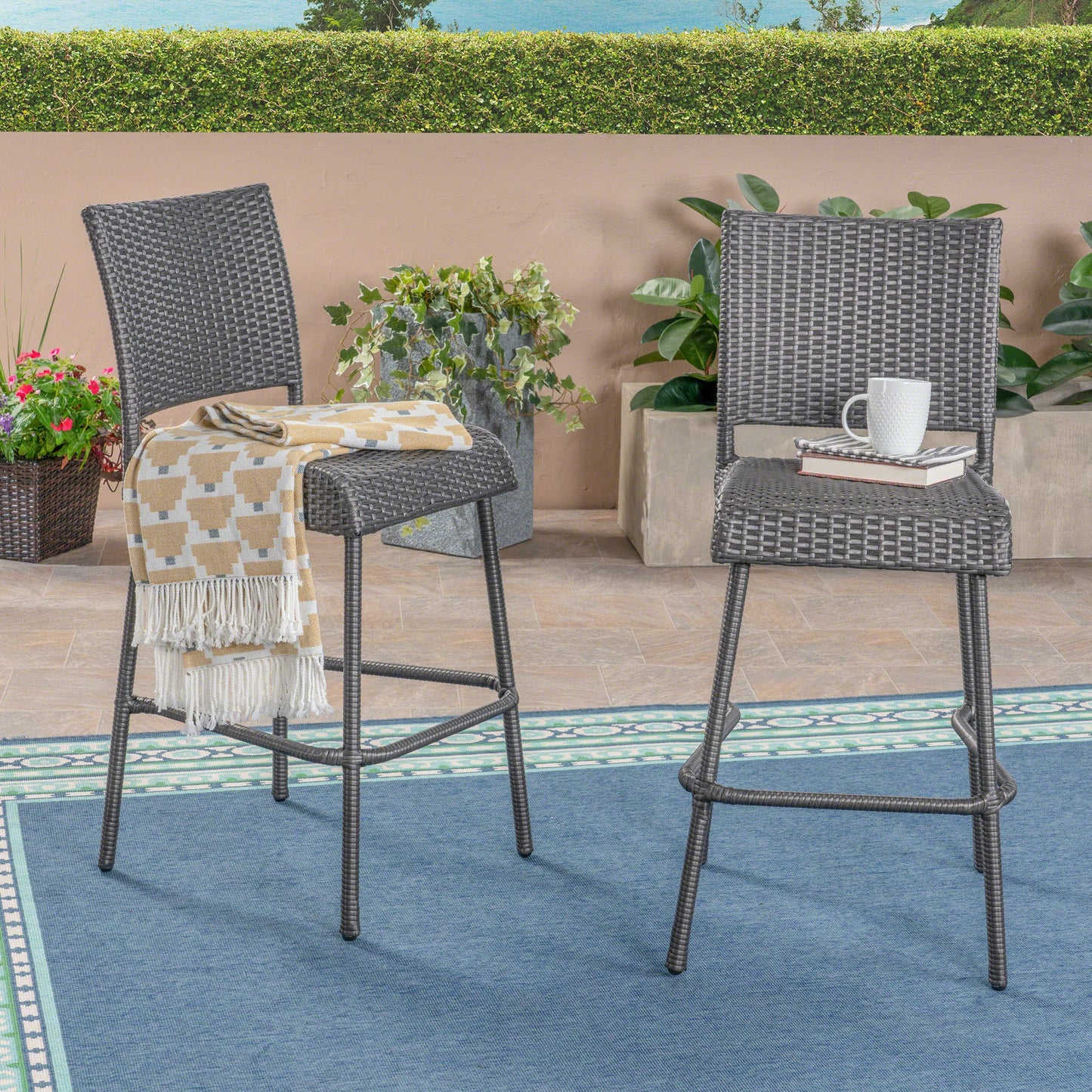 Set of Two 29 Inch PE Rattan Outdoor Barstools